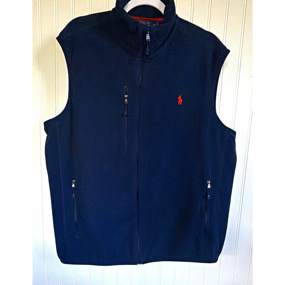 Polo Ralph Lauren Men's XL Full Zip Fleece Vest Navy w/Orange Pony Preppy